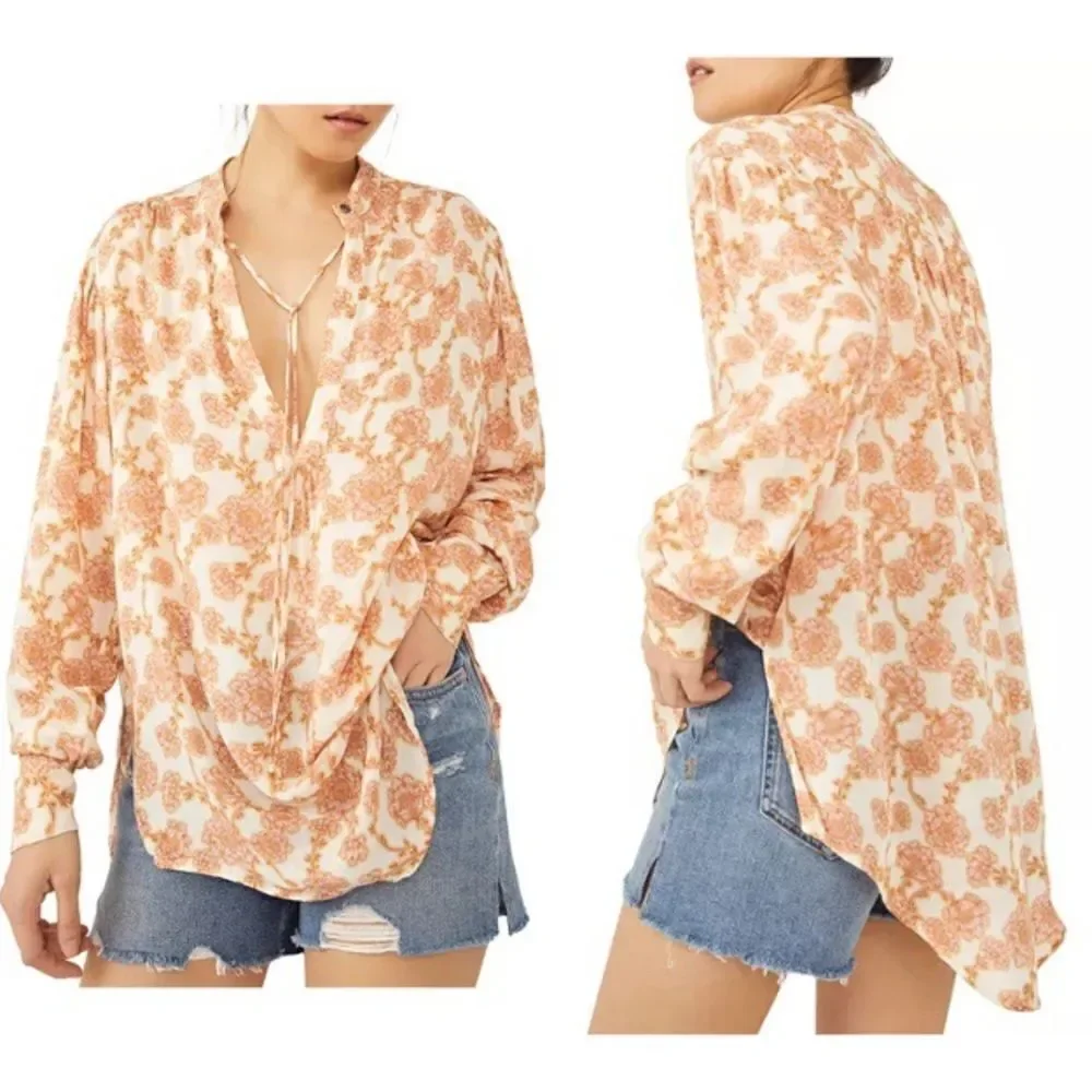 Free People NWT Mia Floral Print Tie Neck Tunic Top in Ivory Combo XS